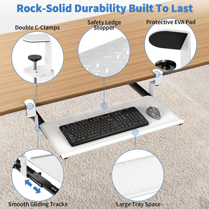 Keyboard Tray Under Desk - Full Metal Slide Out Holder, Rust-Resistant & Scratch-Proof, 26x13" Tray, Double C-Clamps for L Shape/Regular Desks, Standing/Sitting Workstation(Black-A)