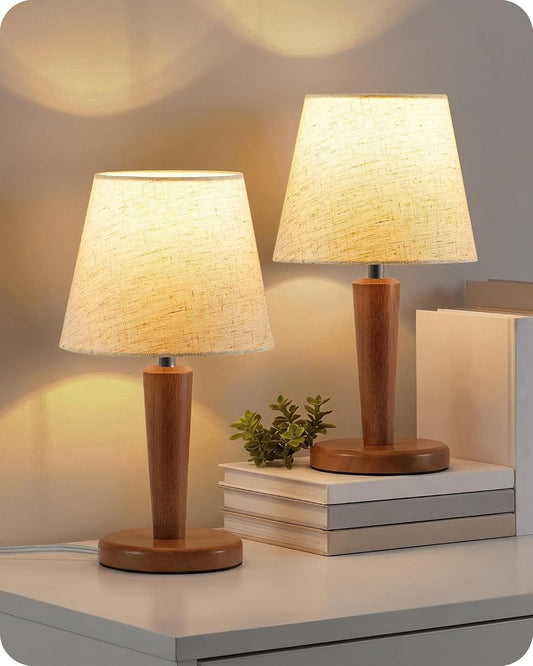 12" Wood Bedside Table Lamps Set of 2, Small Desk Lamps for Small Places, 3 Color Temperatures with Memory, Beige Linen Shade & E26 Bulbs, for Bedroom Living Room Office LE13TLP205
