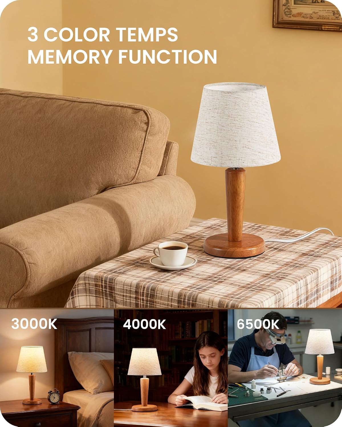 12" Wood Bedside Table Lamps Set of 2, Small Desk Lamps for Small Places, 3 Color Temperatures with Memory, Beige Linen Shade & E26 Bulbs, for Bedroom Living Room Office LE13TLP205