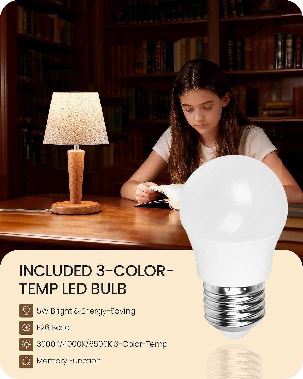 12" Wood Bedside Table Lamps Set of 2, Small Desk Lamps for Small Places, 3 Color Temperatures with Memory, Beige Linen Shade & E26 Bulbs, for Bedroom Living Room Office LE13TLP205