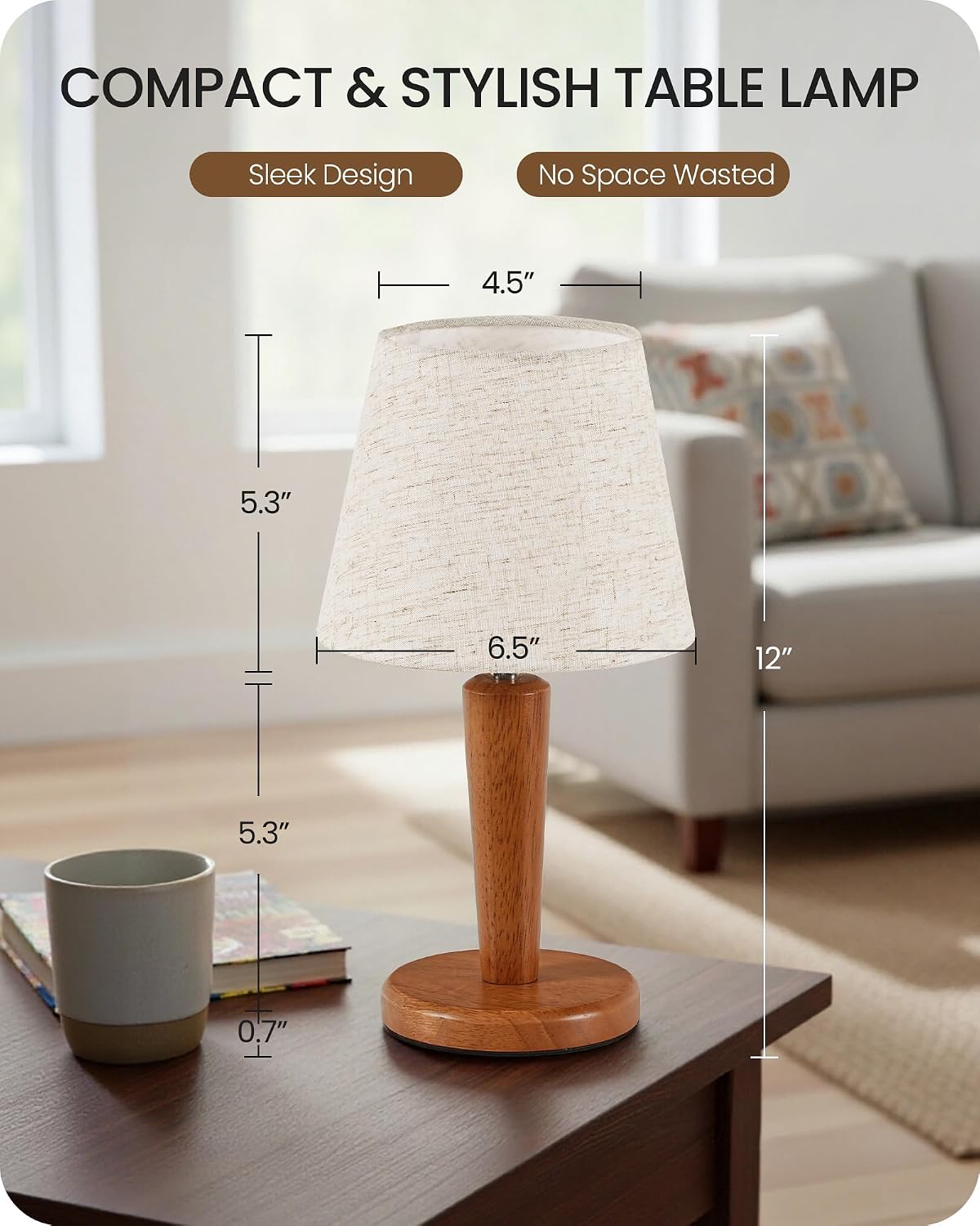 12" Wood Bedside Table Lamps Set of 2, Small Desk Lamps for Small Places, 3 Color Temperatures with Memory, Beige Linen Shade & E26 Bulbs, for Bedroom Living Room Office LE13TLP205
