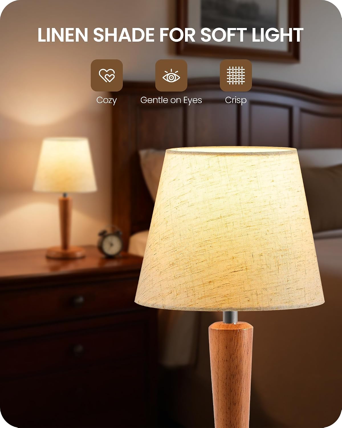 12" Wood Bedside Table Lamps Set of 2, Small Desk Lamps for Small Places, 3 Color Temperatures with Memory, Beige Linen Shade & E26 Bulbs, for Bedroom Living Room Office LE13TLP205