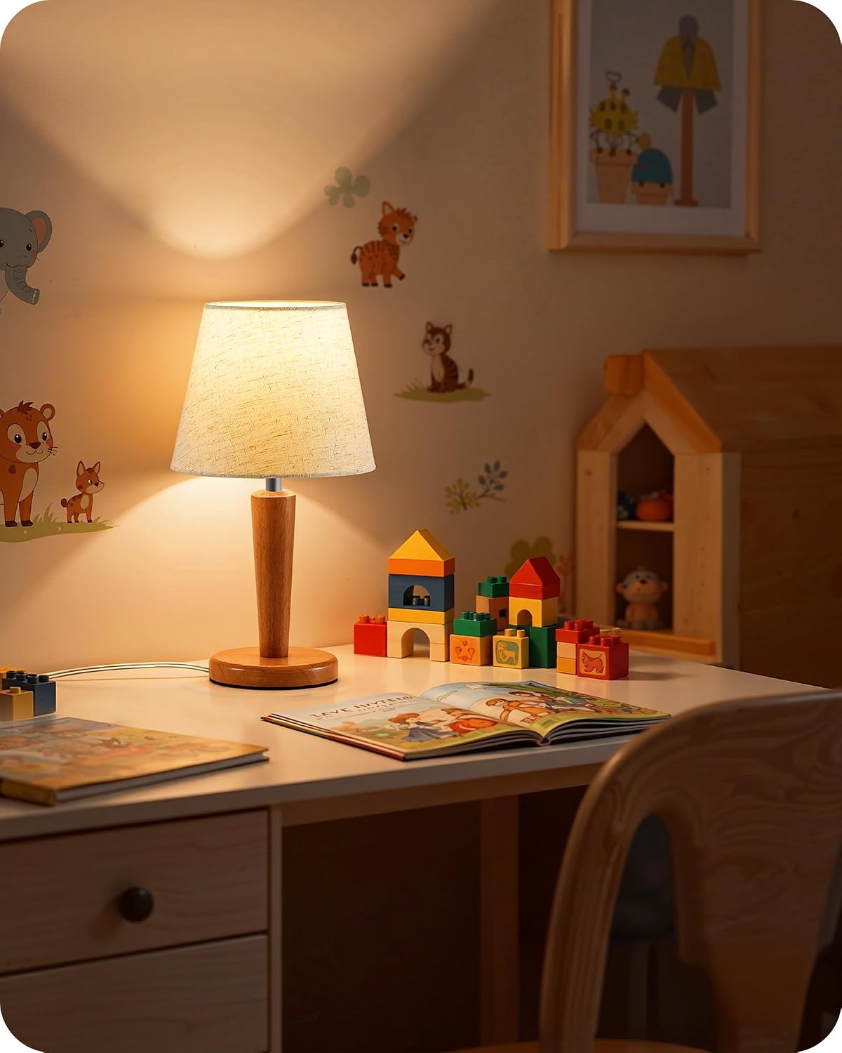 12" Wood Bedside Table Lamps Set of 2, Small Desk Lamps for Small Places, 3 Color Temperatures with Memory, Beige Linen Shade & E26 Bulbs, for Bedroom Living Room Office LE13TLP205