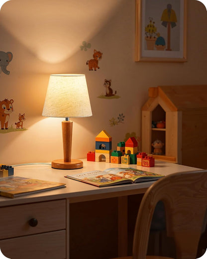 12" Wood Bedside Table Lamps Set of 2, Small Desk Lamps for Small Places, 3 Color Temperatures with Memory, Beige Linen Shade & E26 Bulbs, for Bedroom Living Room Office LE13TLP205