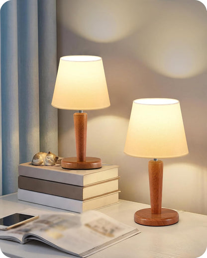 12" Wood Bedside Table Lamps Set of 2, Small Desk Lamps for Small Places, 3 Color Temperatures with Memory, Beige Linen Shade & E26 Bulbs, for Bedroom Living Room Office LE13TLP205