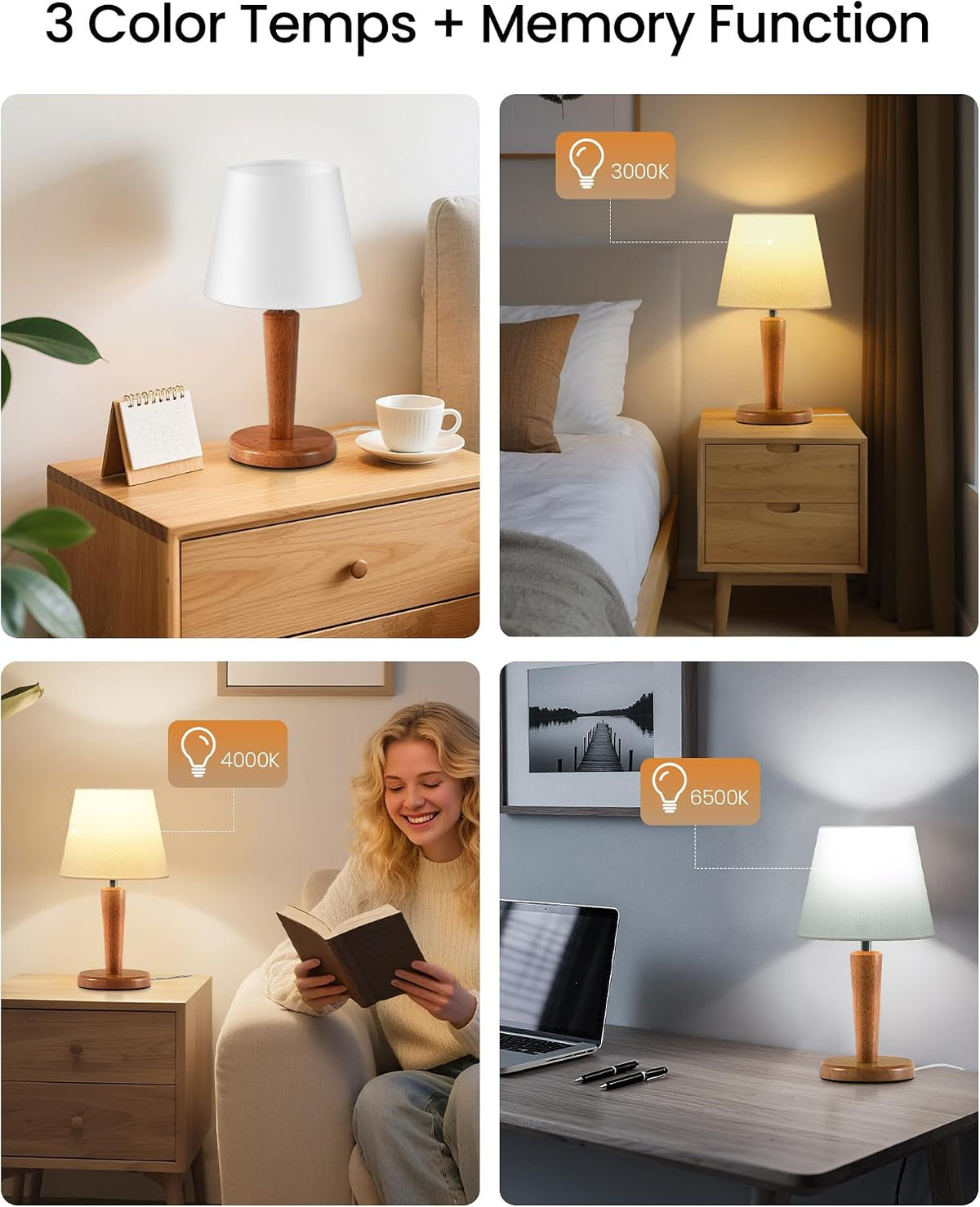 12" Wood Bedside Table Lamps Set of 2, Small Desk Lamps for Small Places, 3 Color Temperatures with Memory, Beige Linen Shade & E26 Bulbs, for Bedroom Living Room Office LE13TLP205