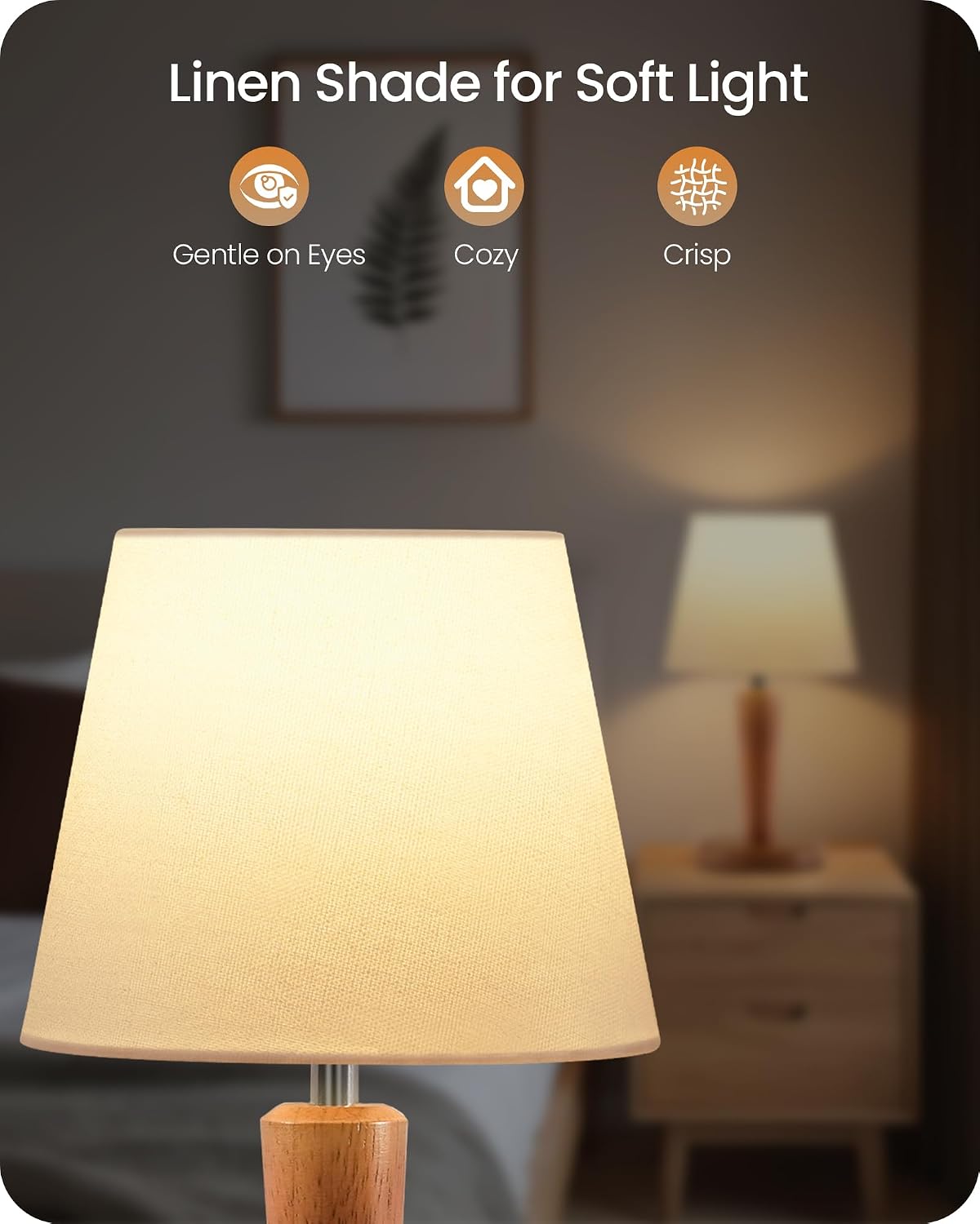 12" Wood Bedside Table Lamps Set of 2, Small Desk Lamps for Small Places, 3 Color Temperatures with Memory, Beige Linen Shade & E26 Bulbs, for Bedroom Living Room Office LE13TLP205