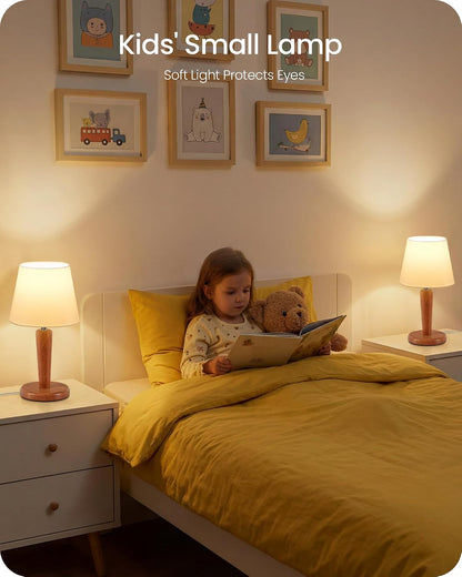 12" Wood Bedside Table Lamps Set of 2, Small Desk Lamps for Small Places, 3 Color Temperatures with Memory, Beige Linen Shade & E26 Bulbs, for Bedroom Living Room Office LE13TLP205