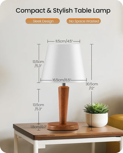 12" Wood Bedside Table Lamps Set of 2, Small Desk Lamps for Small Places, 3 Color Temperatures with Memory, Beige Linen Shade & E26 Bulbs, for Bedroom Living Room Office LE13TLP205