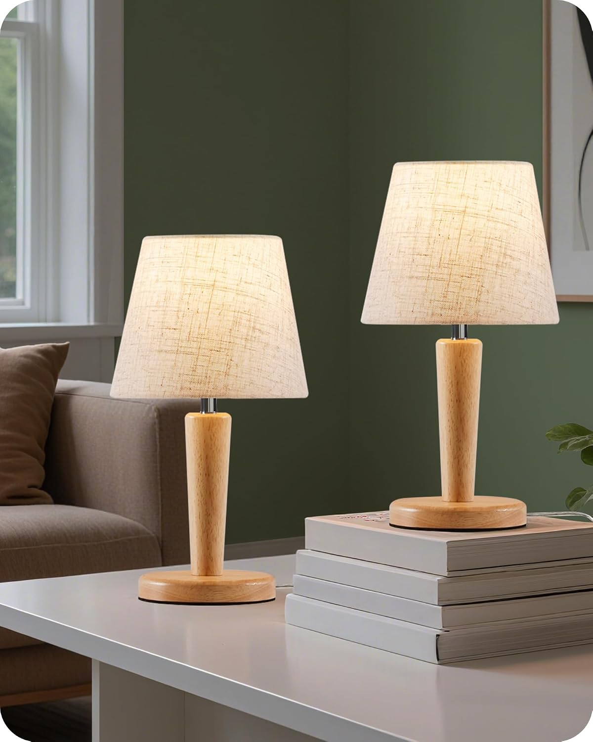12" Wood Bedside Table Lamps Set of 2, Small Desk Lamps for Small Places, 3 Color Temperatures with Memory, Beige Linen Shade & E26 Bulbs, for Bedroom Living Room Office LE13TLP205
