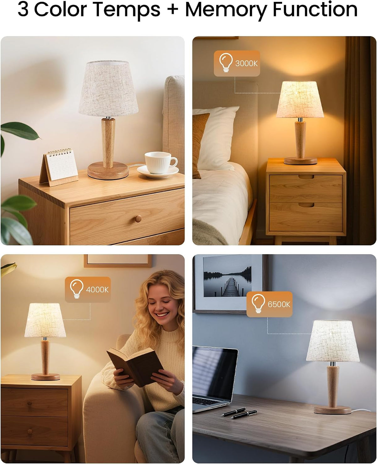 12" Wood Bedside Table Lamps Set of 2, Small Desk Lamps for Small Places, 3 Color Temperatures with Memory, Beige Linen Shade & E26 Bulbs, for Bedroom Living Room Office LE13TLP205
