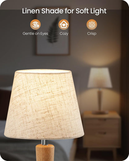 12" Wood Bedside Table Lamps Set of 2, Small Desk Lamps for Small Places, 3 Color Temperatures with Memory, Beige Linen Shade & E26 Bulbs, for Bedroom Living Room Office LE13TLP205