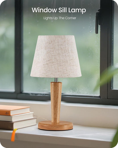 12" Wood Bedside Table Lamps Set of 2, Small Desk Lamps for Small Places, 3 Color Temperatures with Memory, Beige Linen Shade & E26 Bulbs, for Bedroom Living Room Office LE13TLP205