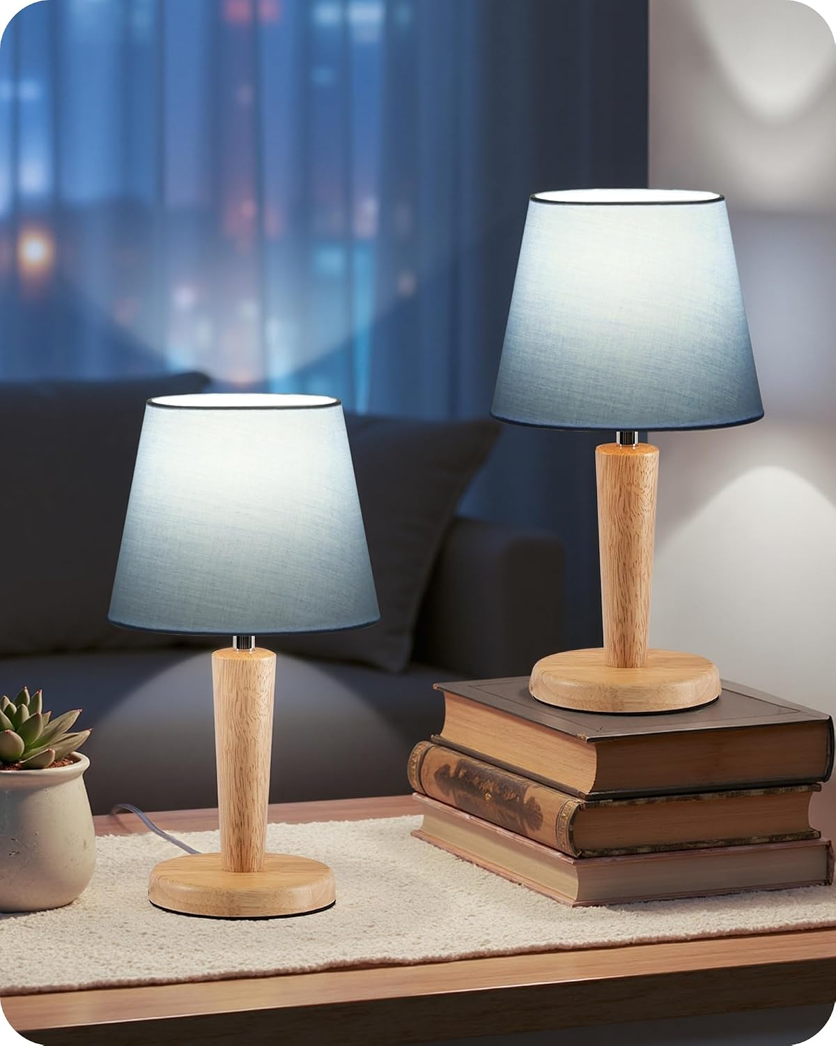 12" Wood Bedside Table Lamps Set of 2, Small Desk Lamps for Small Places, 3 Color Temperatures with Memory, Beige Linen Shade & E26 Bulbs, for Bedroom Living Room Office LE13TLP205