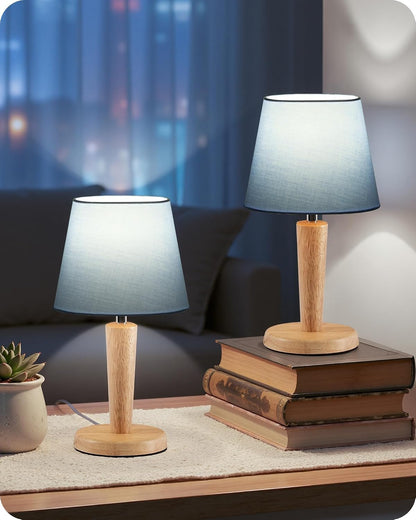 12" Wood Bedside Table Lamps Set of 2, Small Desk Lamps for Small Places, 3 Color Temperatures with Memory, Beige Linen Shade & E26 Bulbs, for Bedroom Living Room Office LE13TLP205