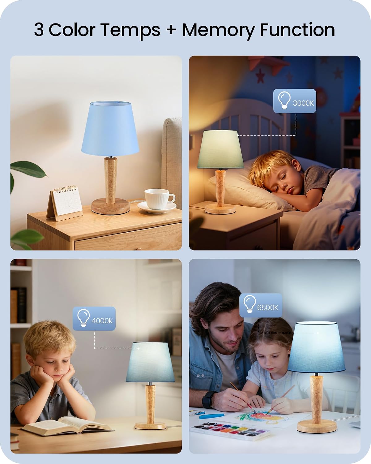 12" Wood Bedside Table Lamps Set of 2, Small Desk Lamps for Small Places, 3 Color Temperatures with Memory, Beige Linen Shade & E26 Bulbs, for Bedroom Living Room Office LE13TLP205