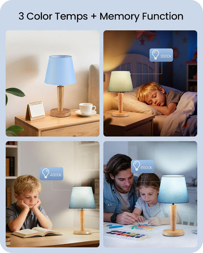 12" Wood Bedside Table Lamps Set of 2, Small Desk Lamps for Small Places, 3 Color Temperatures with Memory, Beige Linen Shade & E26 Bulbs, for Bedroom Living Room Office LE13TLP205