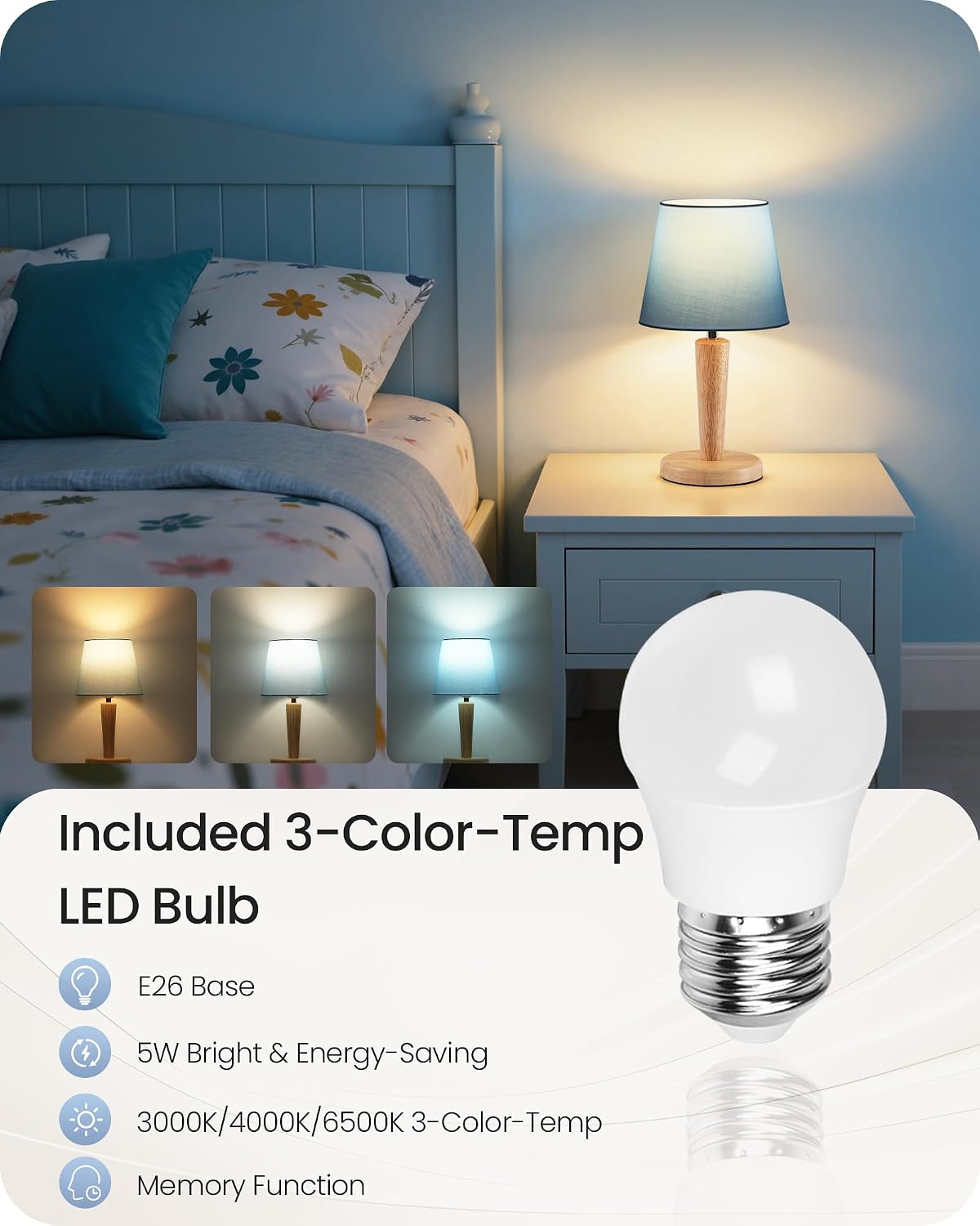 12" Wood Bedside Table Lamps Set of 2, Small Desk Lamps for Small Places, 3 Color Temperatures with Memory, Beige Linen Shade & E26 Bulbs, for Bedroom Living Room Office LE13TLP205