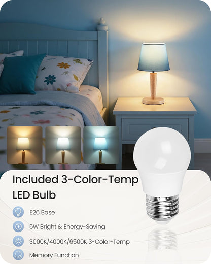 12" Wood Bedside Table Lamps Set of 2, Small Desk Lamps for Small Places, 3 Color Temperatures with Memory, Beige Linen Shade & E26 Bulbs, for Bedroom Living Room Office LE13TLP205