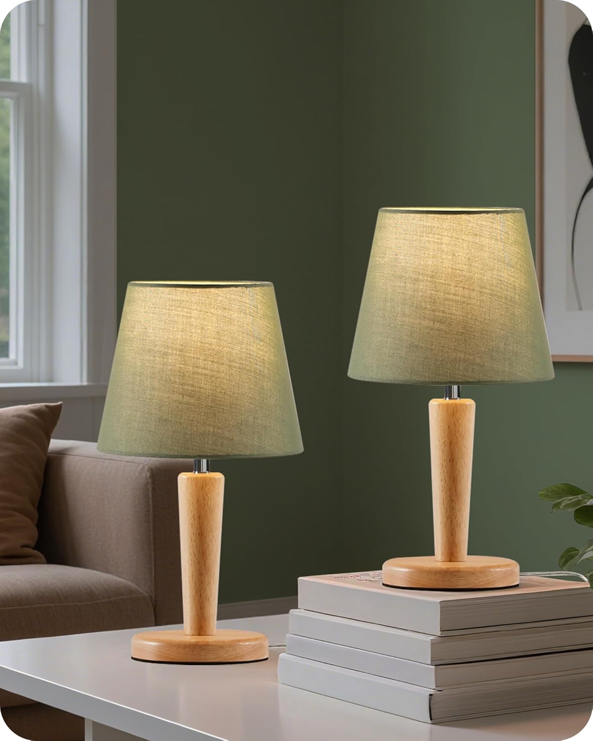 12" Wood Bedside Table Lamps Set of 2, Small Desk Lamps for Small Places, 3 Color Temperatures with Memory, Beige Linen Shade & E26 Bulbs, for Bedroom Living Room Office LE13TLP205