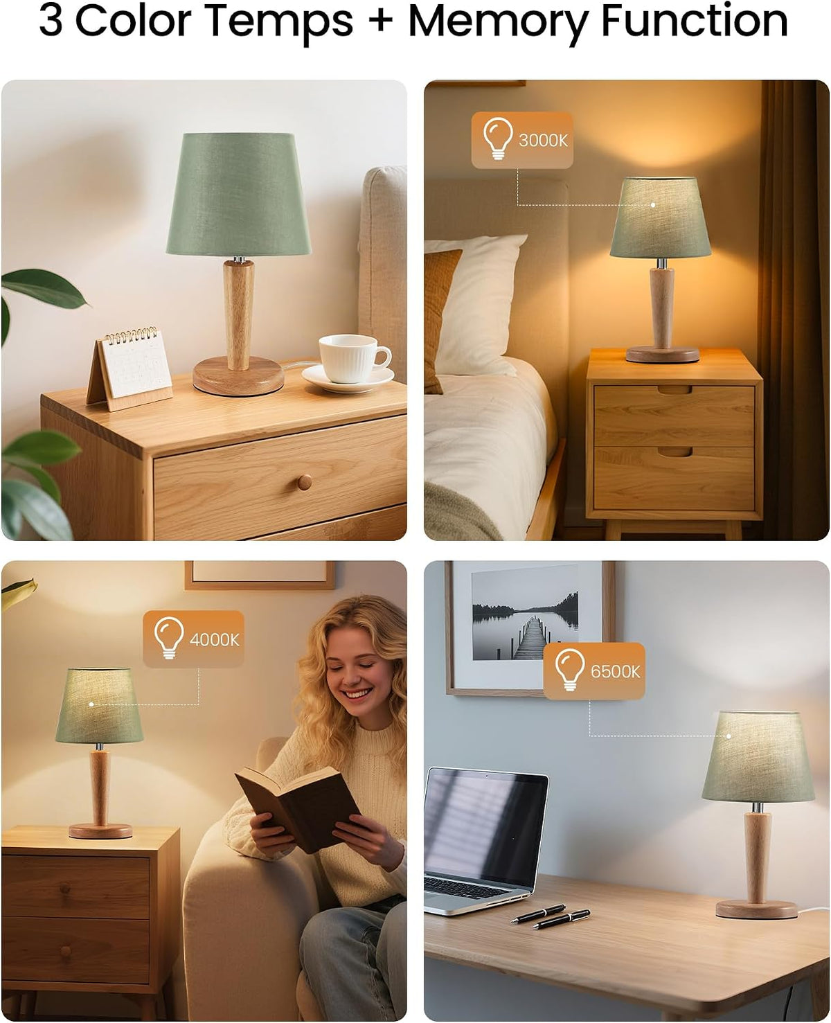 12" Wood Bedside Table Lamps Set of 2, Small Desk Lamps for Small Places, 3 Color Temperatures with Memory, Beige Linen Shade & E26 Bulbs, for Bedroom Living Room Office LE13TLP205