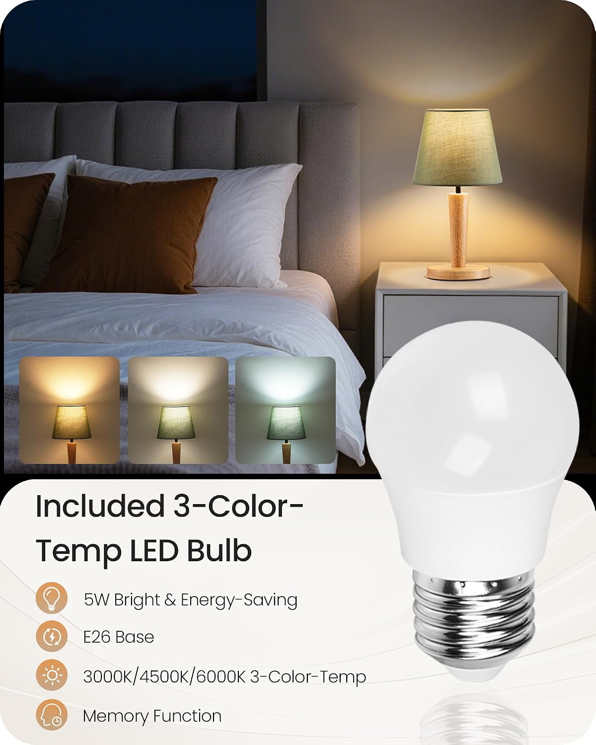 12" Wood Bedside Table Lamps Set of 2, Small Desk Lamps for Small Places, 3 Color Temperatures with Memory, Beige Linen Shade & E26 Bulbs, for Bedroom Living Room Office LE13TLP205