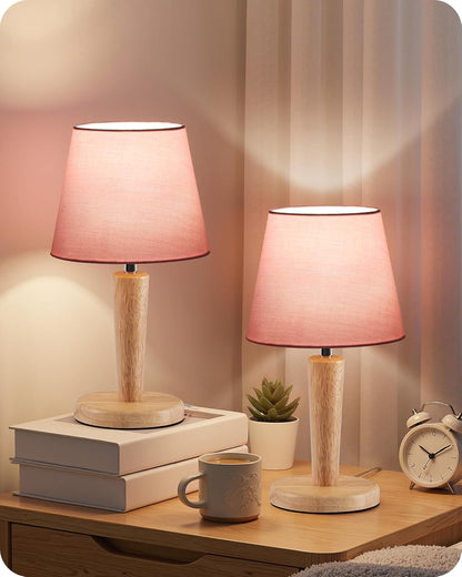 12" Wood Bedside Table Lamps Set of 2, Small Desk Lamps for Small Places, 3 Color Temperatures with Memory, Beige Linen Shade & E26 Bulbs, for Bedroom Living Room Office LE13TLP205