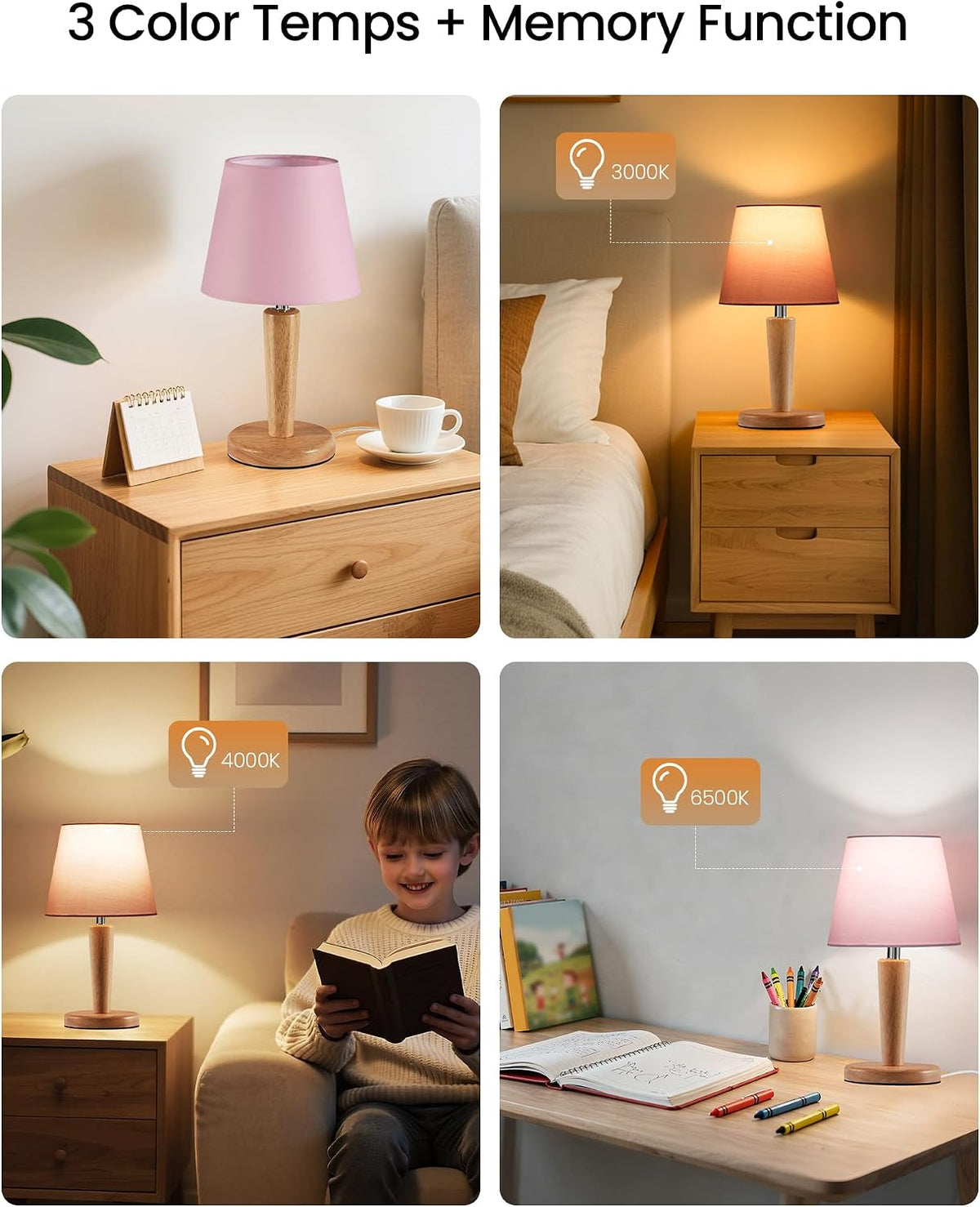 12" Wood Bedside Table Lamps Set of 2, Small Desk Lamps for Small Places, 3 Color Temperatures with Memory, Beige Linen Shade & E26 Bulbs, for Bedroom Living Room Office LE13TLP205