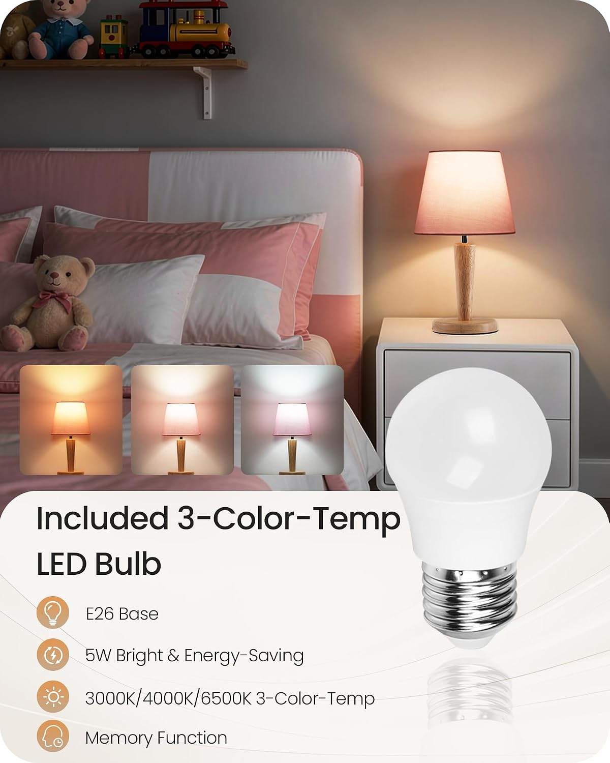 12" Wood Bedside Table Lamps Set of 2, Small Desk Lamps for Small Places, 3 Color Temperatures with Memory, Beige Linen Shade & E26 Bulbs, for Bedroom Living Room Office LE13TLP205