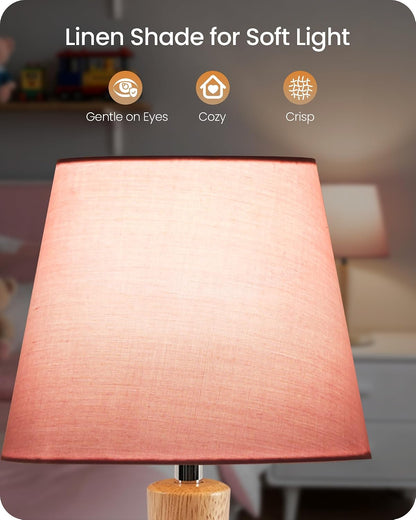 12" Wood Bedside Table Lamps Set of 2, Small Desk Lamps for Small Places, 3 Color Temperatures with Memory, Beige Linen Shade & E26 Bulbs, for Bedroom Living Room Office LE13TLP205