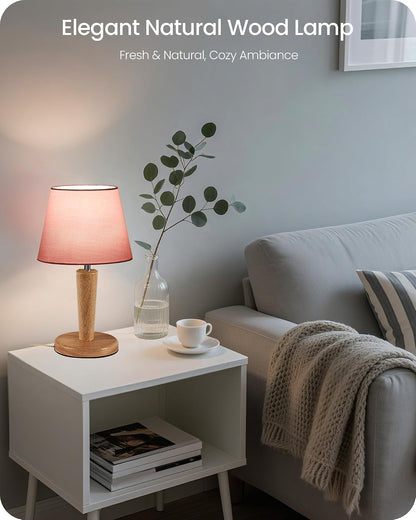 12" Wood Bedside Table Lamps Set of 2, Small Desk Lamps for Small Places, 3 Color Temperatures with Memory, Beige Linen Shade & E26 Bulbs, for Bedroom Living Room Office LE13TLP205