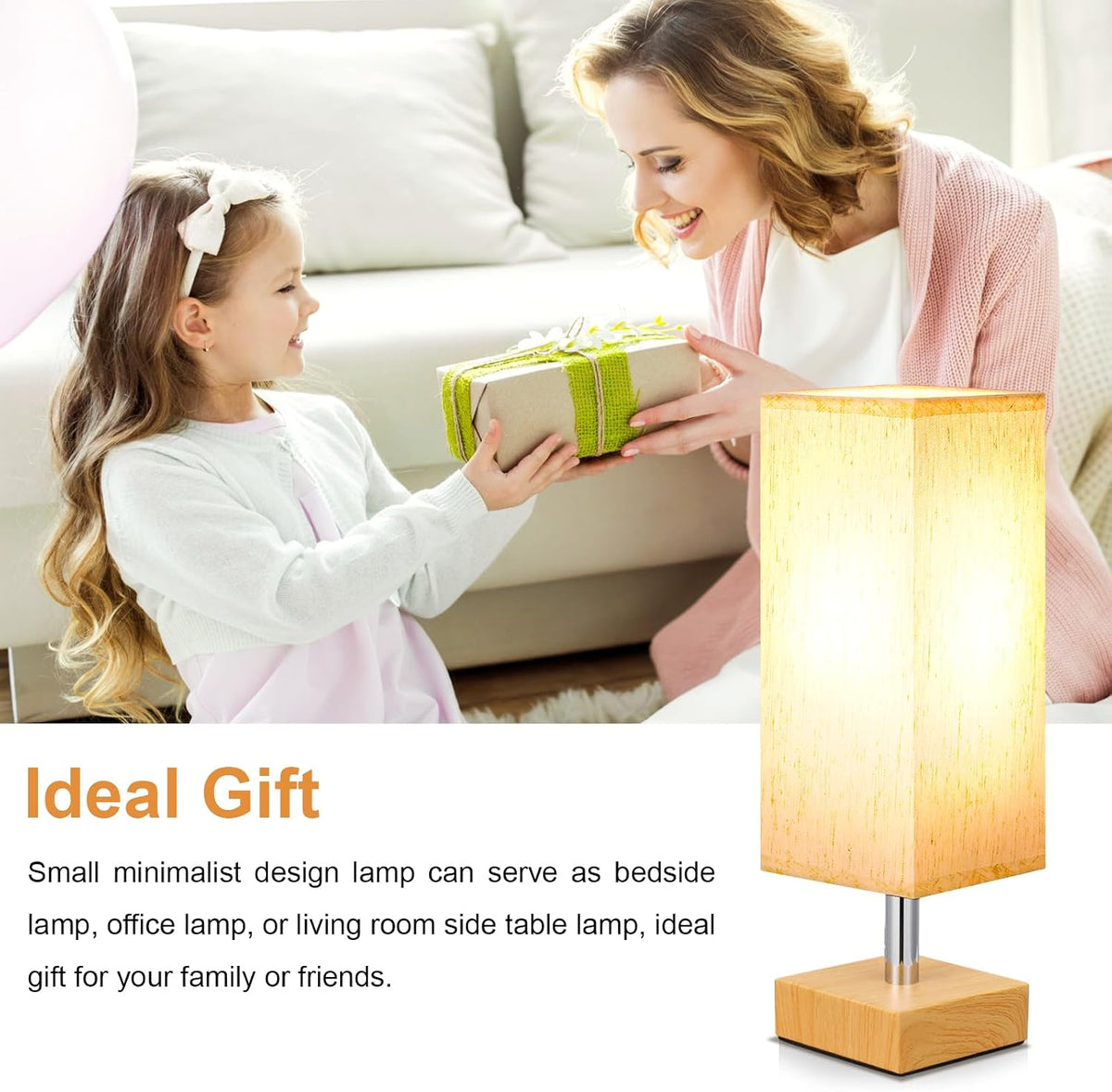 Wood-Grain Small Bedside Lamp for Bedroom - Square Cream Fabric Shade