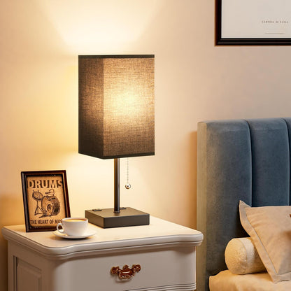 Wood-Grain Small Bedside Lamp for Bedroom - Square Cream Fabric Shade
