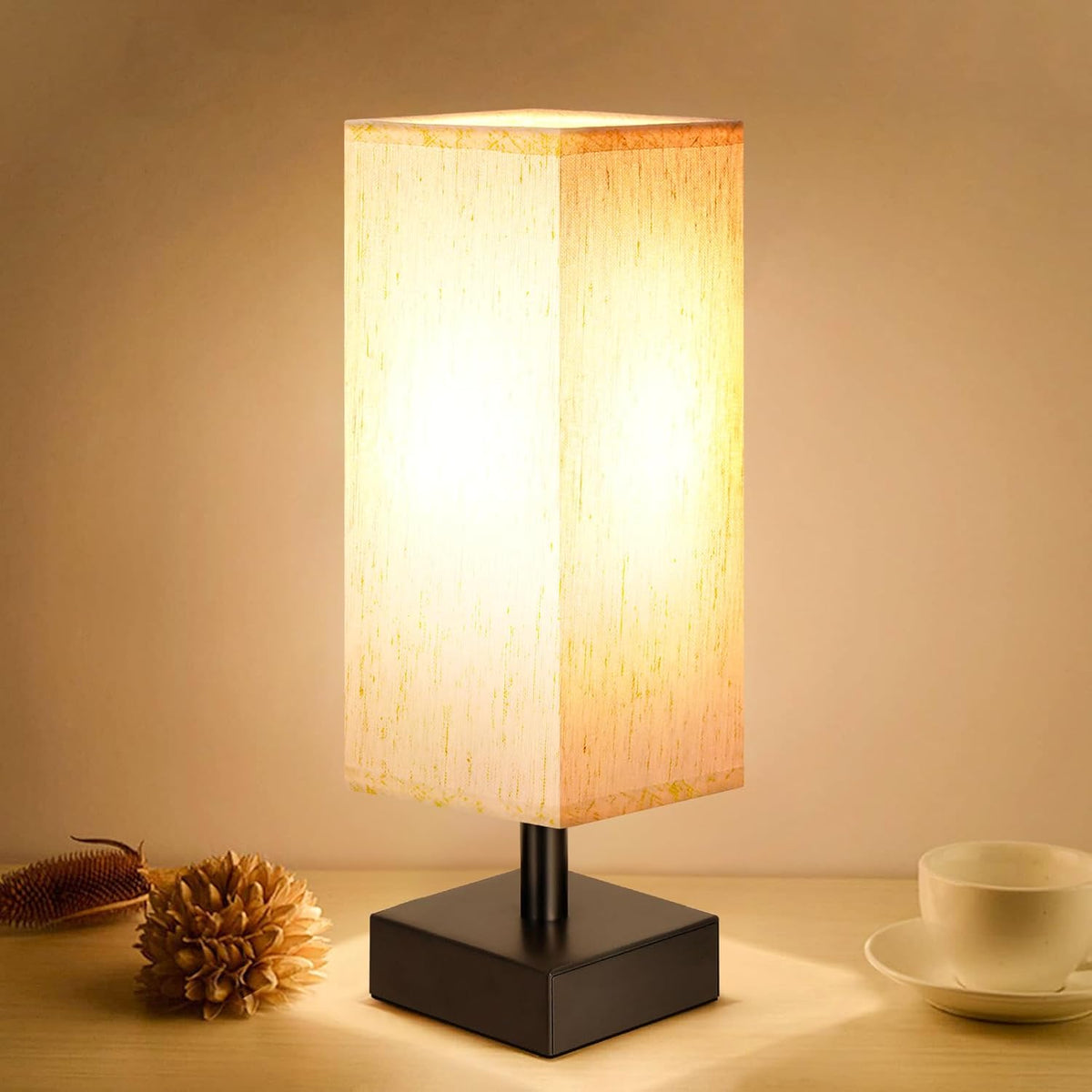 Wood-Grain Small Bedside Lamp for Bedroom - Square Cream Fabric Shade