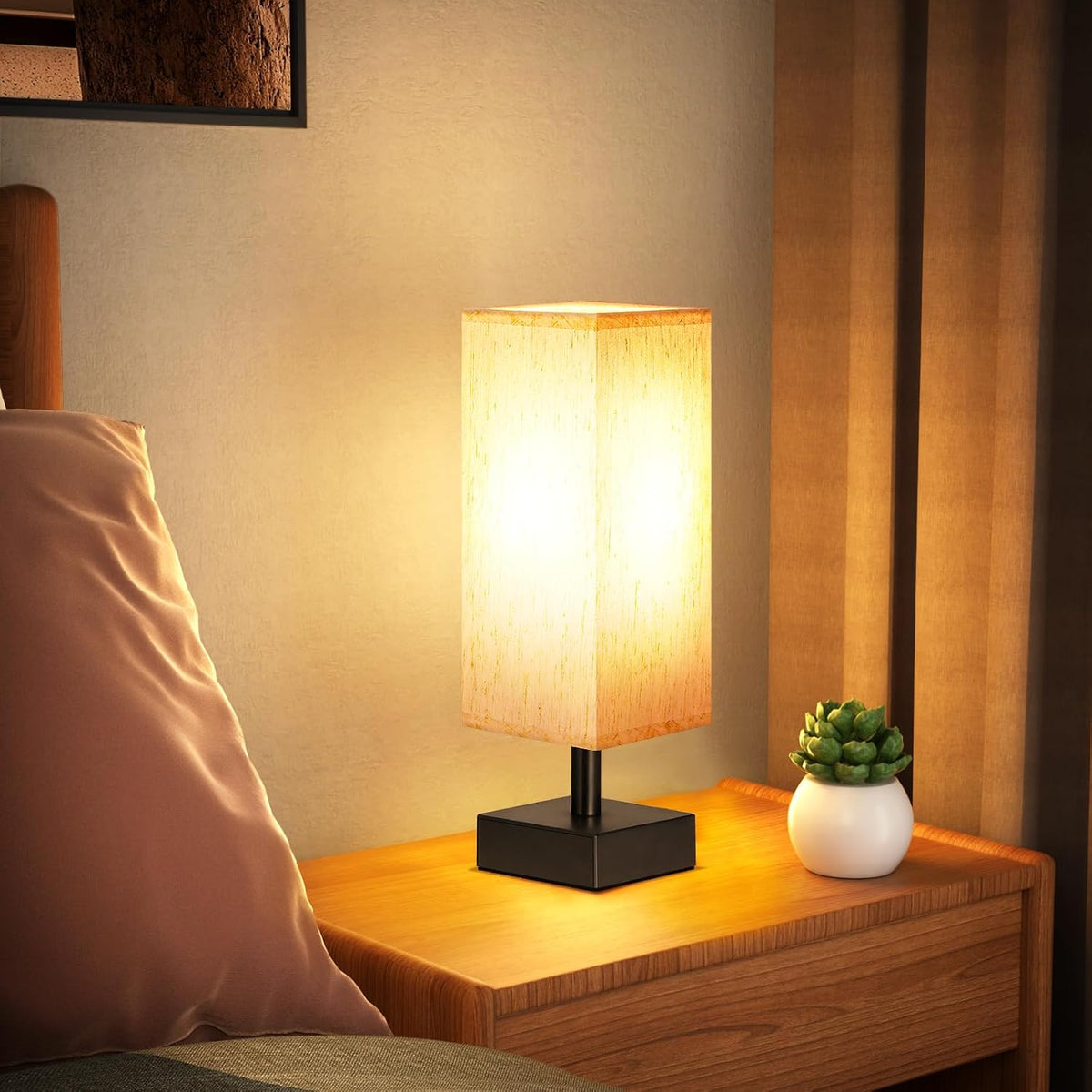 Wood-Grain Small Bedside Lamp for Bedroom - Square Cream Fabric Shade