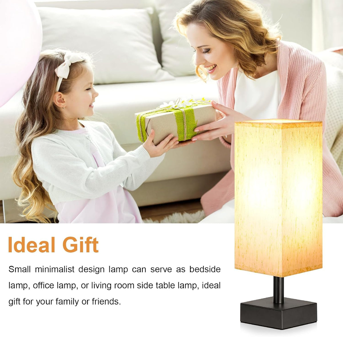 Wood-Grain Small Bedside Lamp for Bedroom - Square Cream Fabric Shade