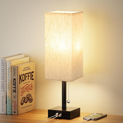 Wood-Grain Small Bedside Lamp for Bedroom - Square Cream Fabric Shade