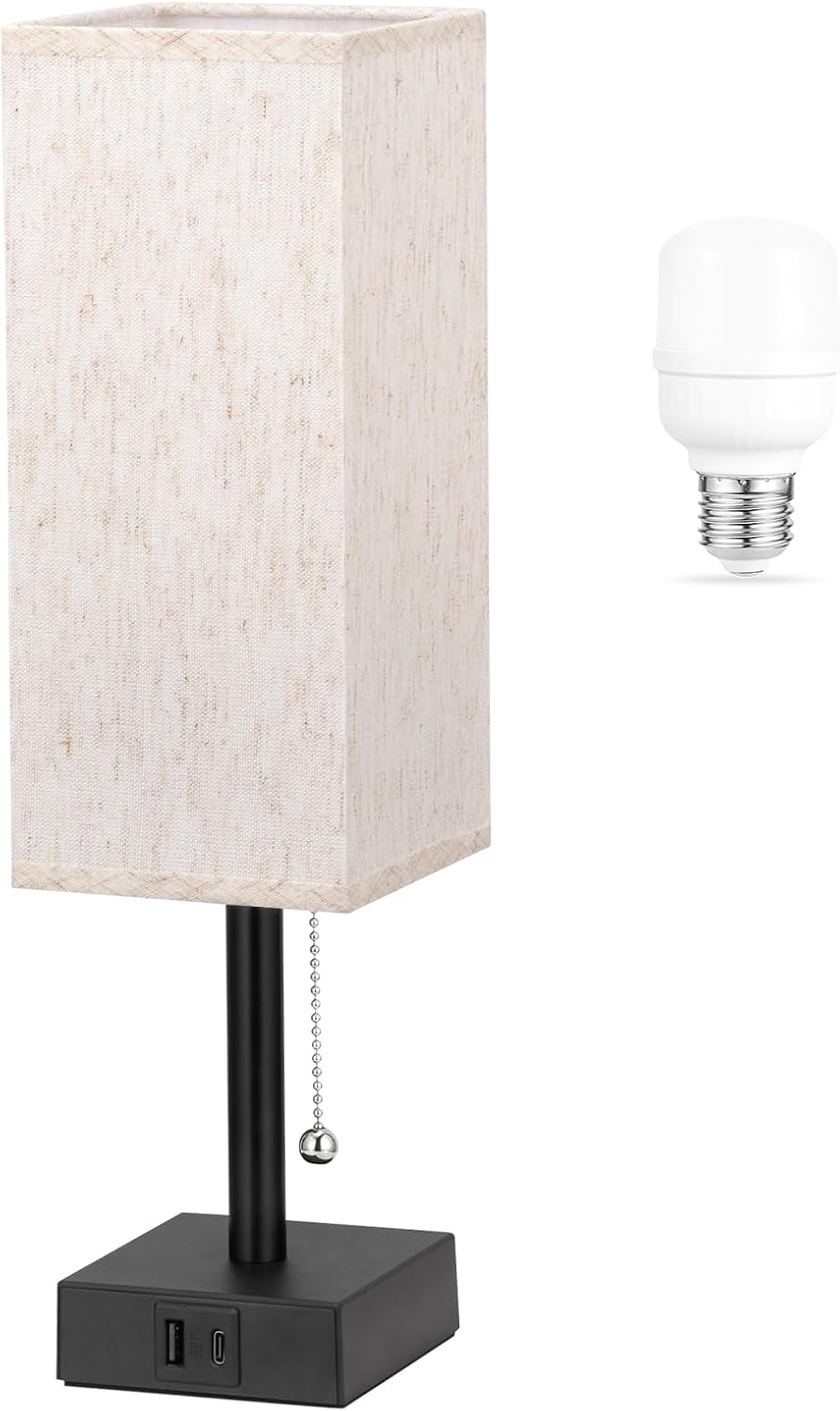 Wood-Grain Small Bedside Lamp for Bedroom - Square Cream Fabric Shade