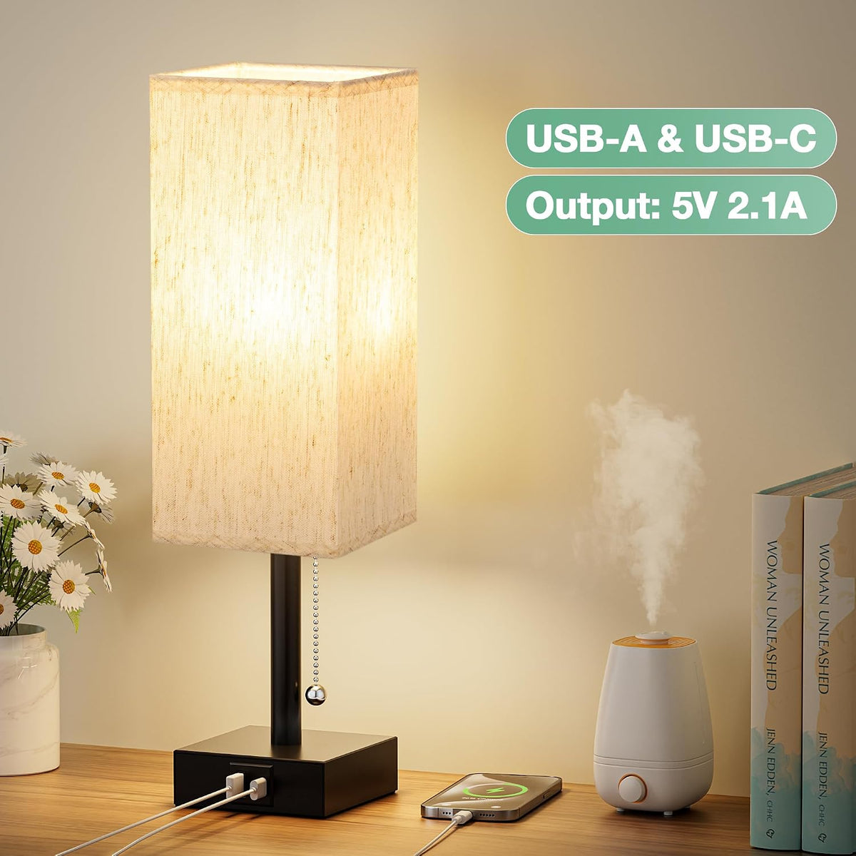 Wood-Grain Small Bedside Lamp for Bedroom - Square Cream Fabric Shade