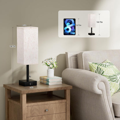 Wood-Grain Small Bedside Lamp for Bedroom - Square Cream Fabric Shade
