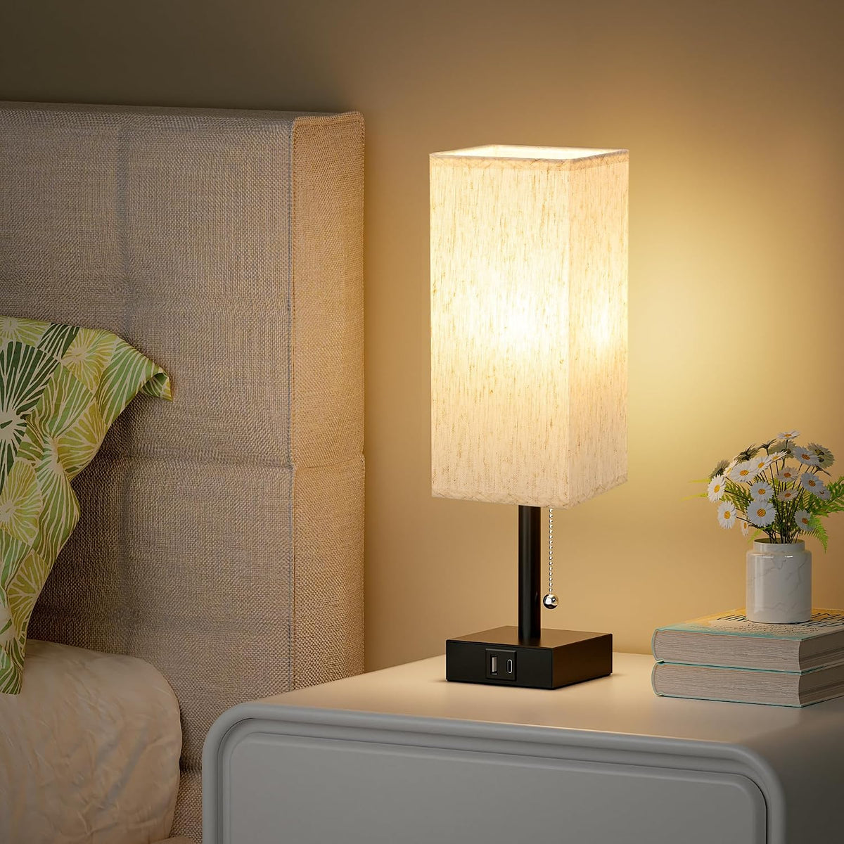 Wood-Grain Small Bedside Lamp for Bedroom - Square Cream Fabric Shade