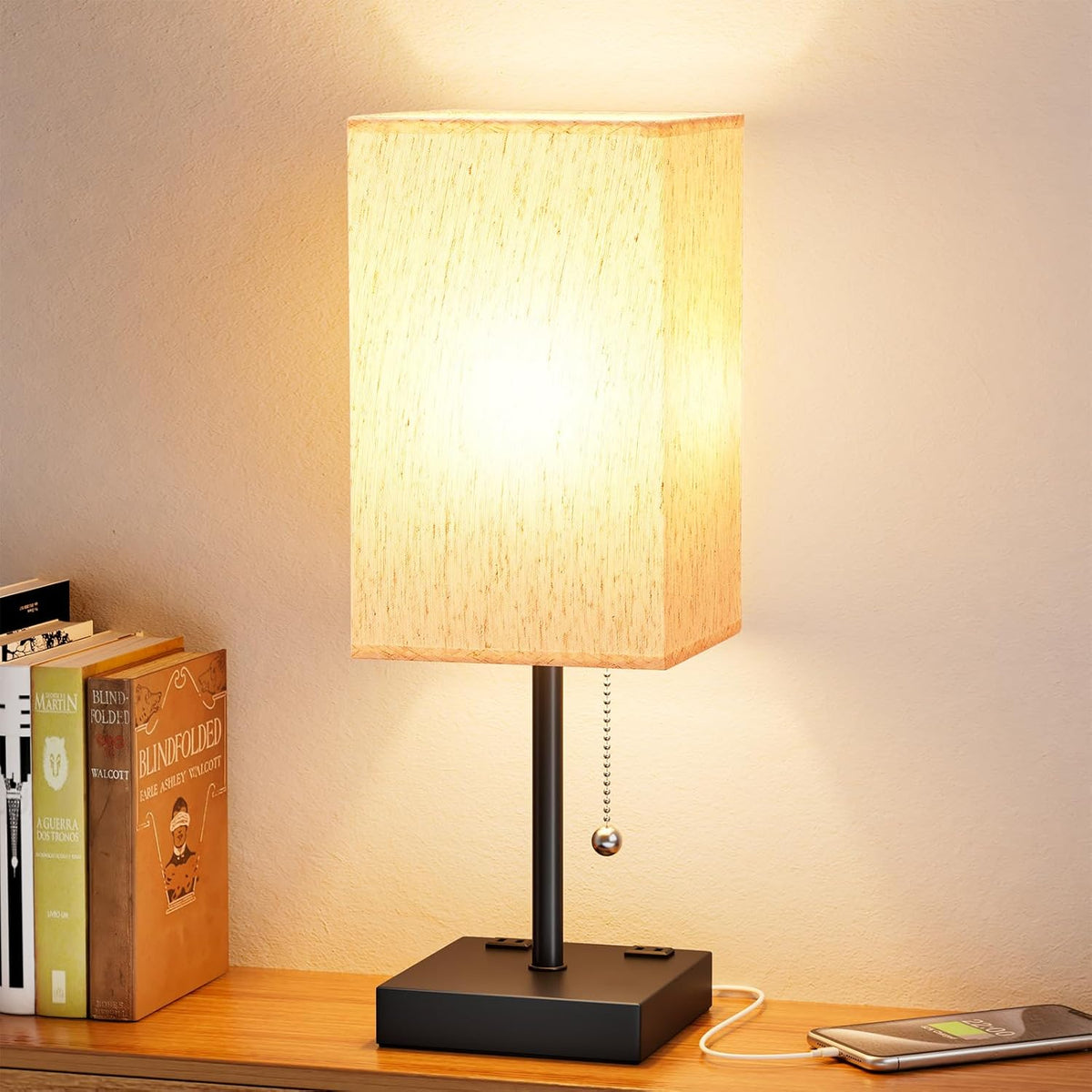 Wood-Grain Small Bedside Lamp for Bedroom - Square Cream Fabric Shade