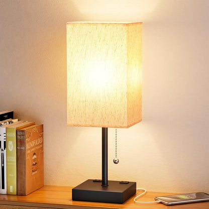 Wood-Grain Small Bedside Lamp for Bedroom - Square Cream Fabric Shade