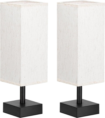 Wood-Grain Small Bedside Lamp for Bedroom - Square Cream Fabric Shade
