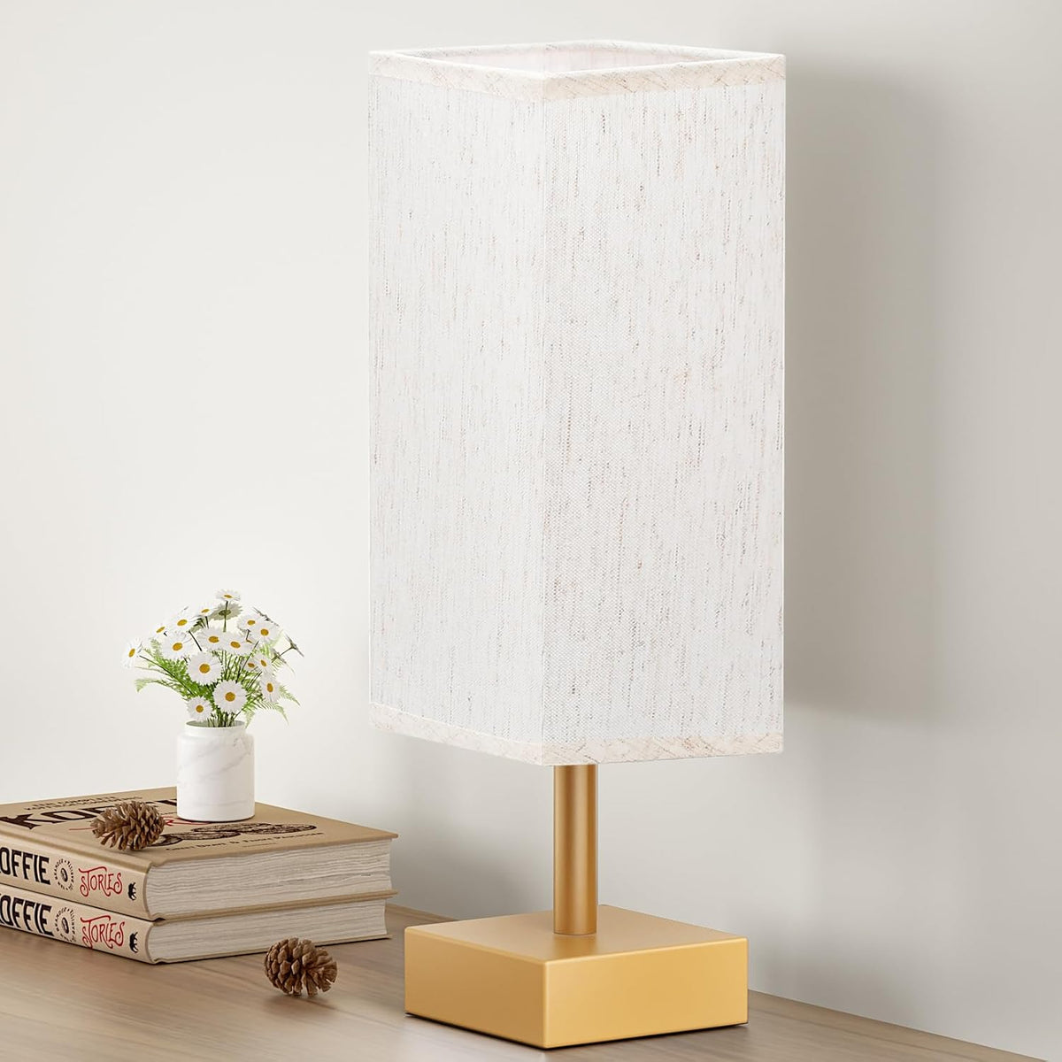 Wood-Grain Small Bedside Lamp for Bedroom - Square Cream Fabric Shade