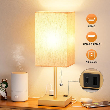 Wood-Grain Small Bedside Lamp for Bedroom - Square Cream Fabric Shade