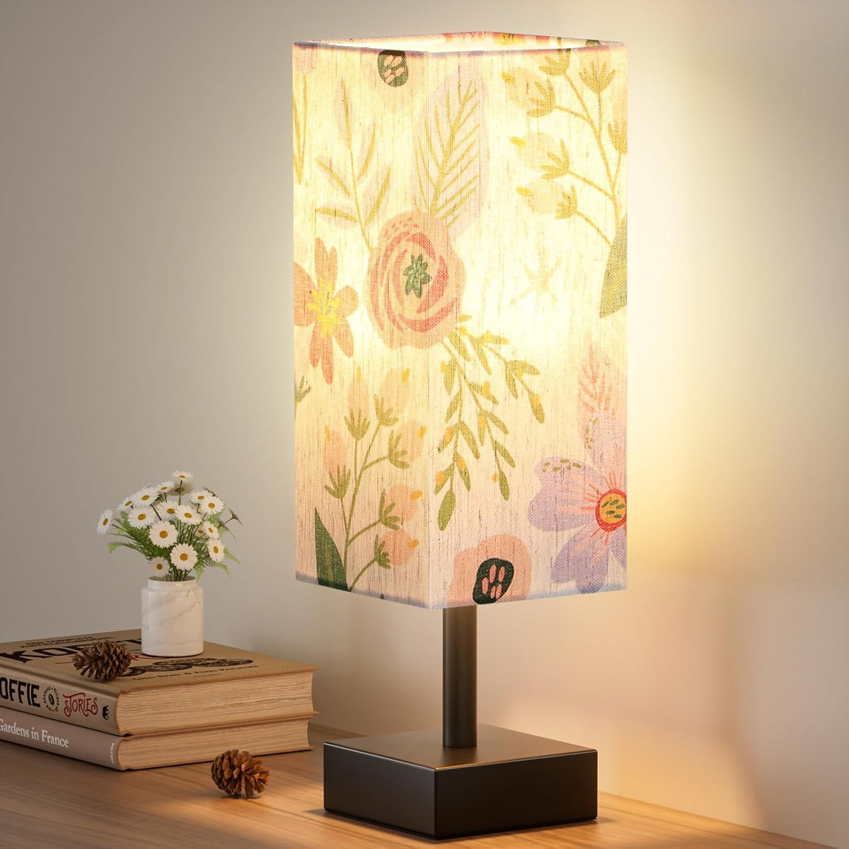 Wood-Grain Small Bedside Lamp for Bedroom - Square Cream Fabric Shade