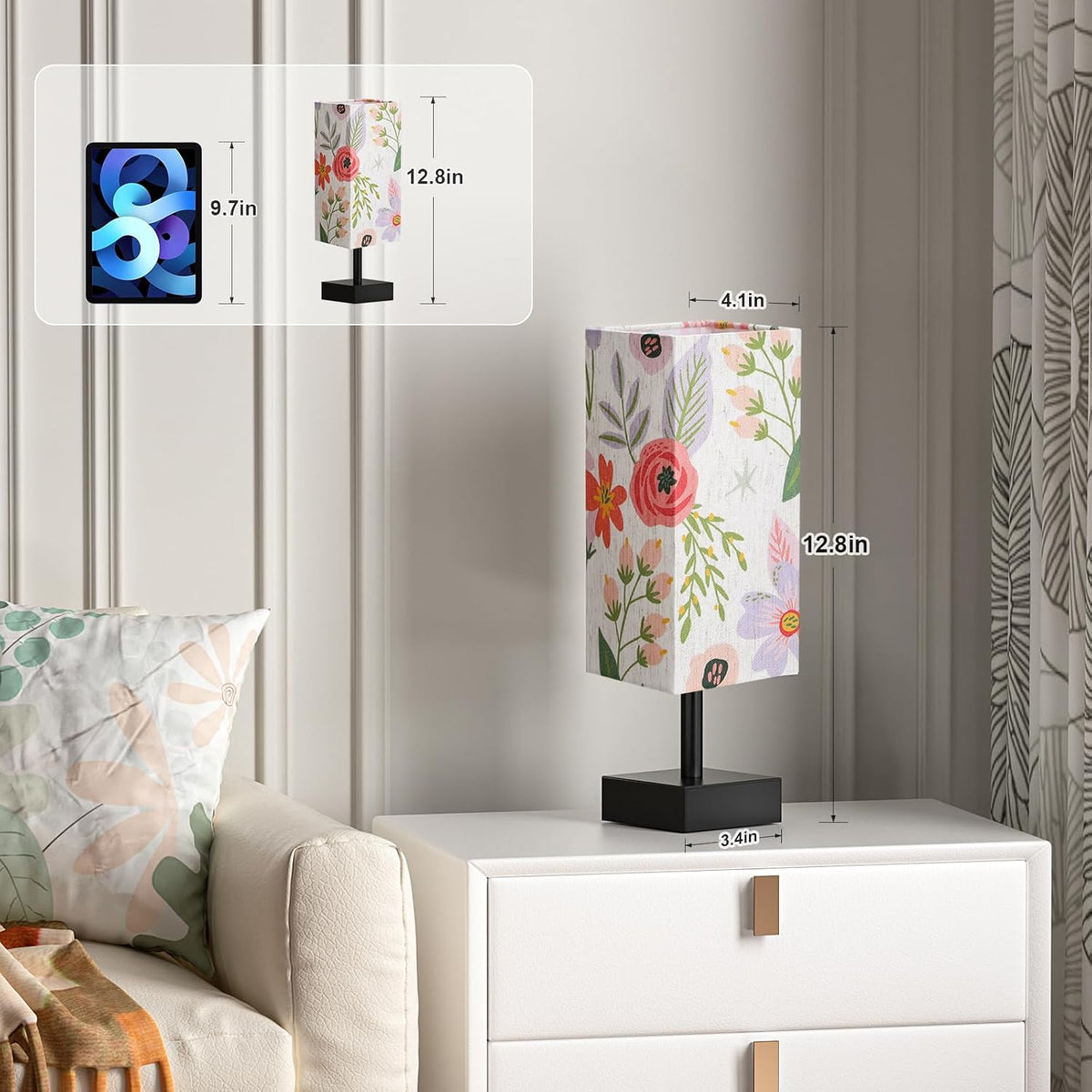 Wood-Grain Small Bedside Lamp for Bedroom - Square Cream Fabric Shade