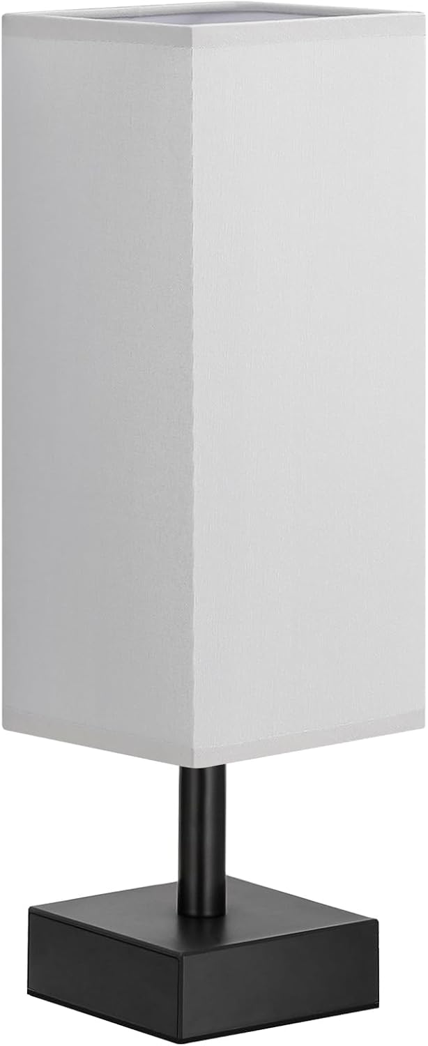 Wood-Grain Small Bedside Lamp for Bedroom - Square Cream Fabric Shade