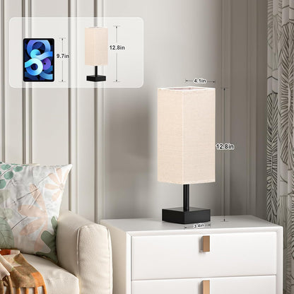 Wood-Grain Small Bedside Lamp for Bedroom - Square Cream Fabric Shade